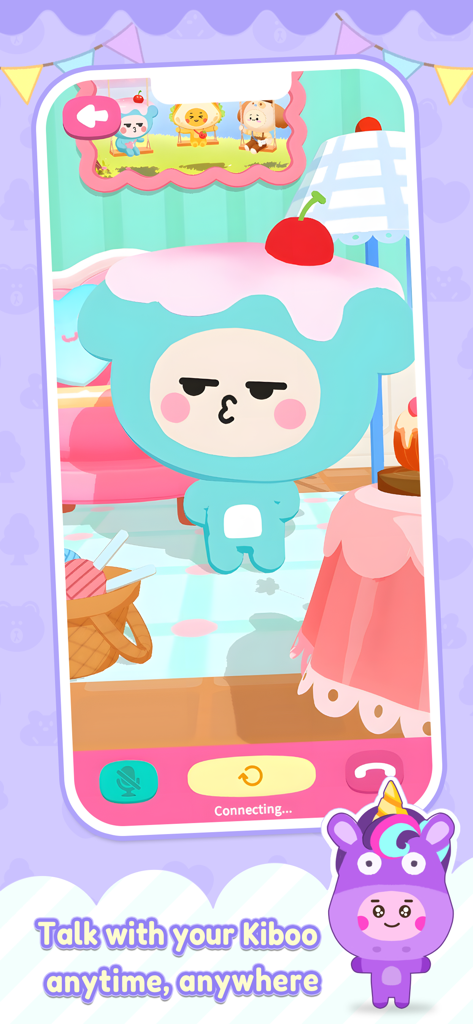 A cute blue Kiboo character with a cherry on its head in a cozy room showing a voice call interface.
