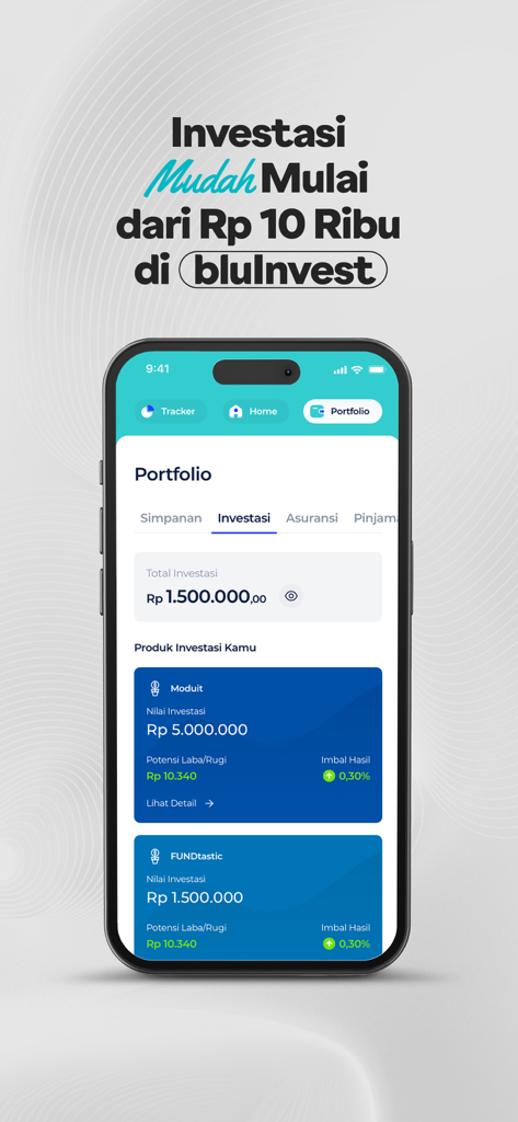 blu by BCA Digital - blu by BCA Digital Investment-Portfolio-Dashboard, das die Fondsentwicklung zeigt
