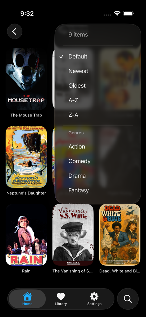 Omni - Content Hub - Omni Content Hub app movie library with sorting and genre filters menu