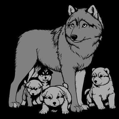 realistic wolf with realistic puppy’s