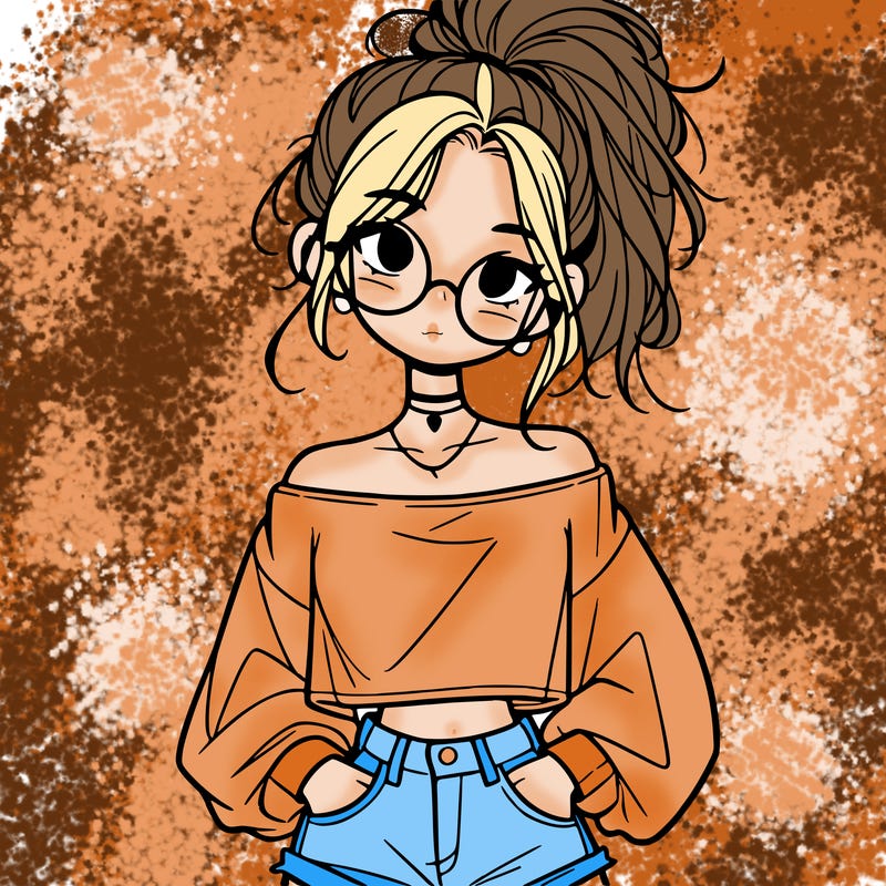 girl with a messy ponytail glasses a baggy crop top and jean shorts