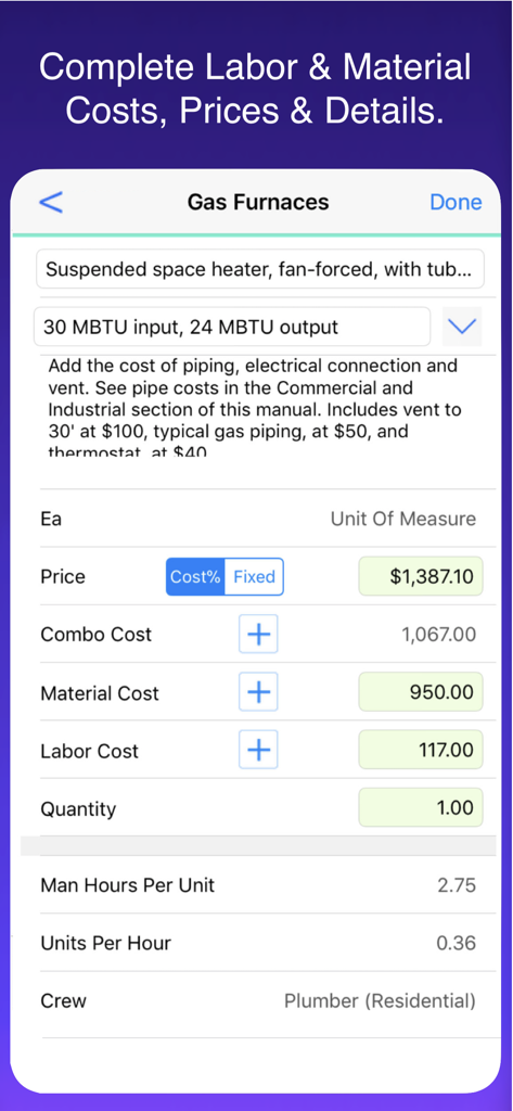Aplicativo HVAC Pro mostrando uma detalhada discriminação de custos de mão de obra e material para instalação de forno a gás