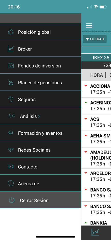 GVC Gaesco App - Menú lateral de la app GVC Gaesco mostrando opciones de inversión como Posición Global, Bróker y Fondos de Inversión.