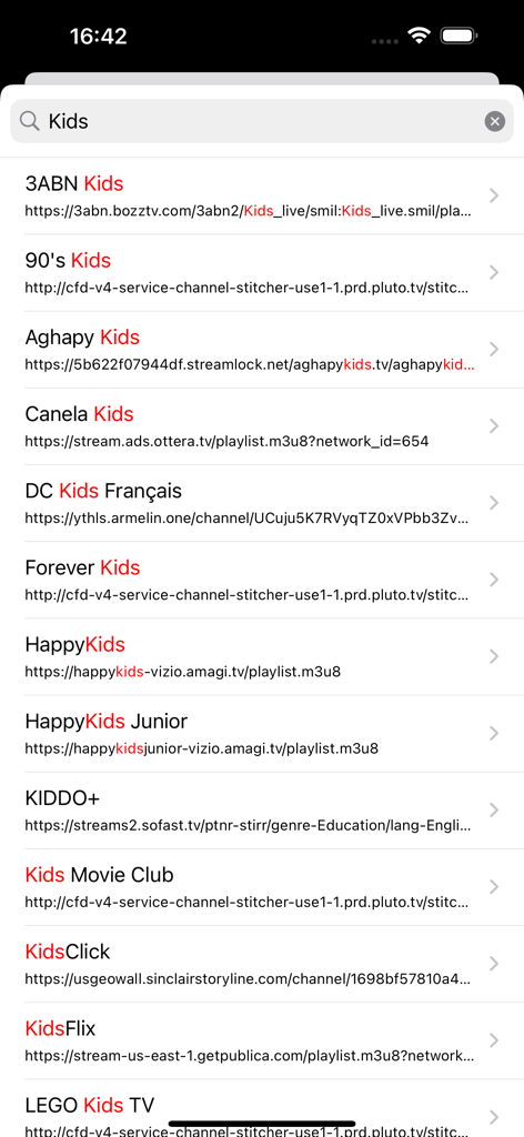 Search results showing a variety of international kids television channels in the NetTV app interface