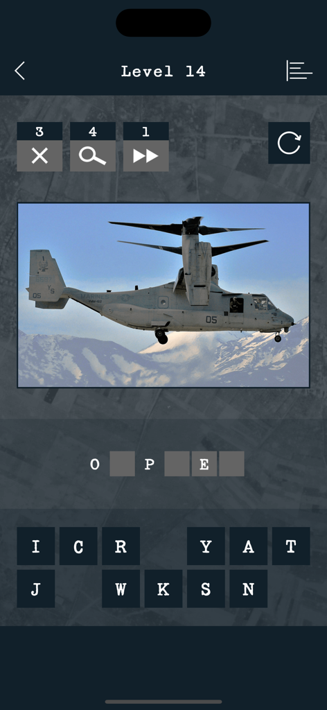 Gameplay screen of the Guess the Modern Aircraft app featuring a V-22 Osprey trivia level