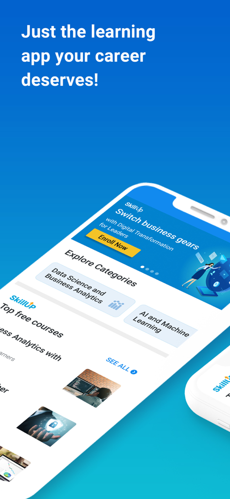 Simplilearn mobile app interface displaying professional course categories and a career growth tagline