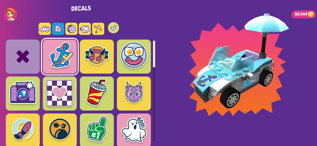 A LEGO car customization screen showing various decal stickers and a small white and blue car with an anchor design and umbrella topper.