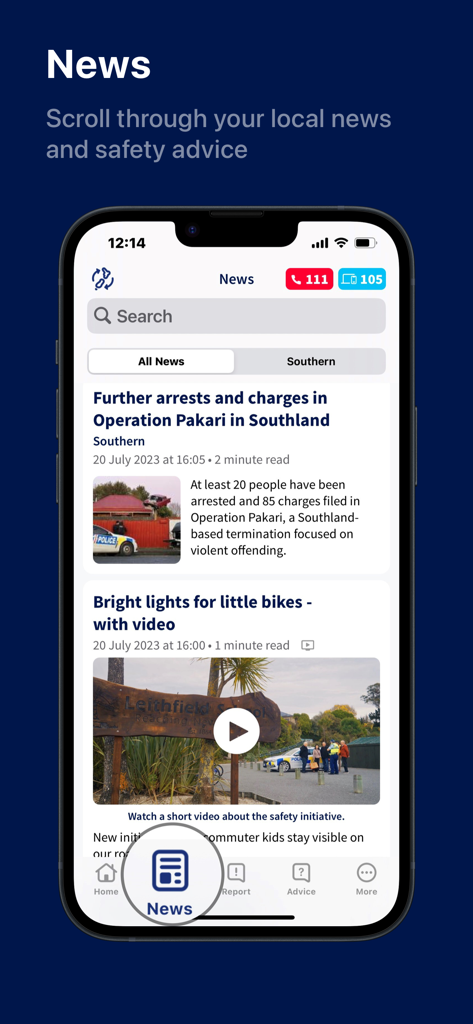 The news section of the NZ Police app displaying local crime updates and safety advice articles.