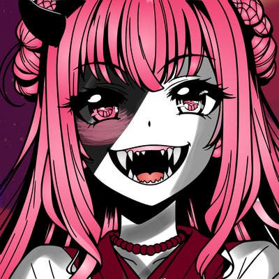 anime girl, vampire teeth,demon slayer themed, evil smile