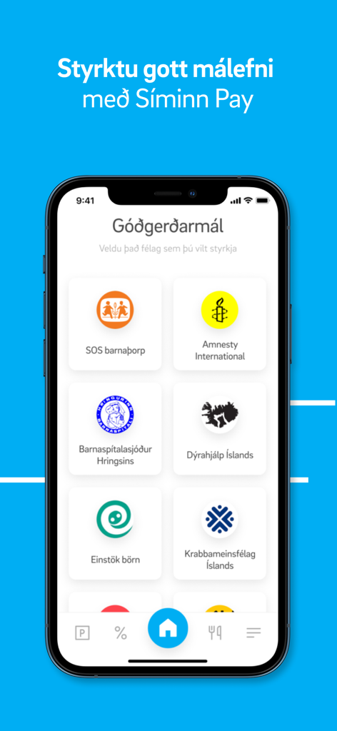 Schermata dell'app mobile Síminn Pay che mostra le opzioni per donare a varie organizzazioni di beneficenza islandesi e internazionali