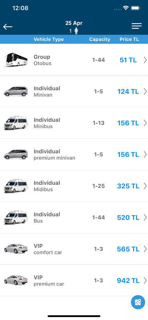 Aerobilet - Flights, Hotels - Aerobilet app screen showing airport transfer vehicle types capacity and prices