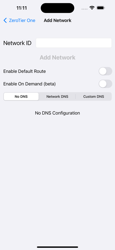 ZeroTier One - ZeroTier One iOS App-Benutzeroberfläche zum Hinzufügen eines neuen virtuellen Netzwerks mit Feldern für Netzwerk-ID und DNS-Einstellungen