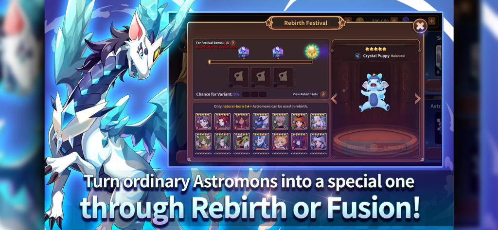 Monster Super League - Monster Super League Rebirth Festival screen showing astromon fusion and rebirth mechanics