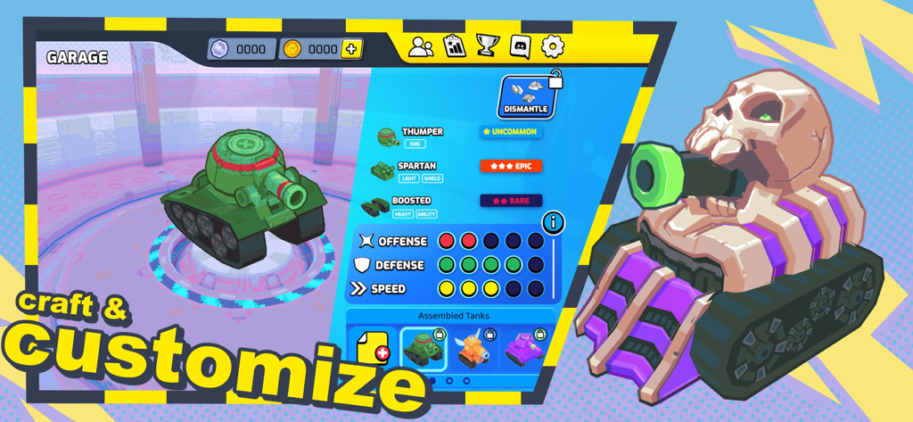 Panzerdogs - Panzerdogs garage screen showing tank crafting and customization options with various parts and stats