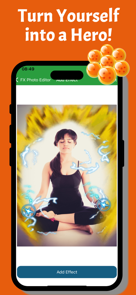 Dragon FX Anime Photo Editor - A woman meditating with a yellow anime energy aura and blue electric effects applied via the Dragon FX app