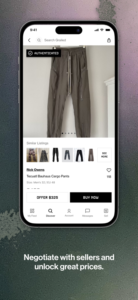 A product listing on the Grailed app for Rick Owens cargo pants with options to make an offer or buy now.