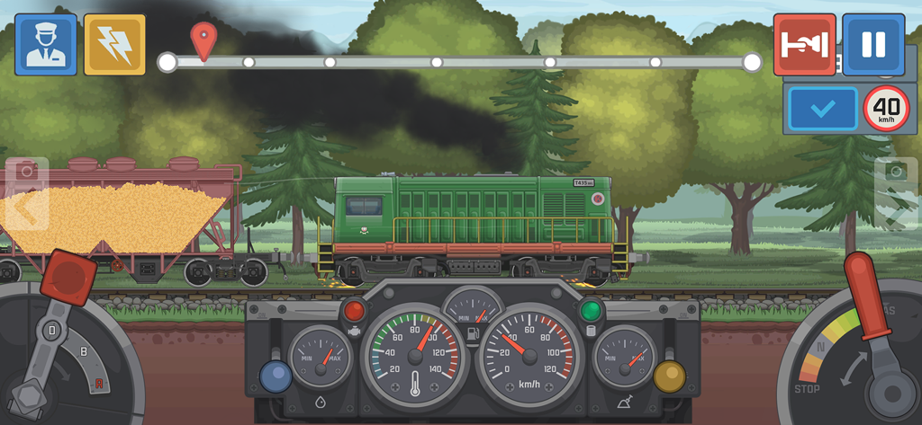 Train Simulator: Railroad Game - Vista de juego de una locomotora diésel verde con controles detallados del tablero en Train Simulator