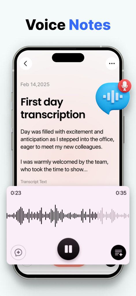Notebook : AI Voice Note Taker - Smartphone screen displaying a voice note with AI-generated text transcription and an audio playback interface.
