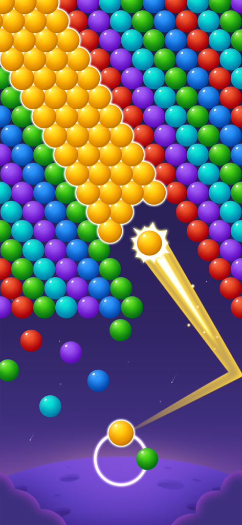 Bubble Shooter - Puzzle Games - A yellow bubble being shot at a wall of colorful bubbles using a zig-zag aiming path in a puzzle game.