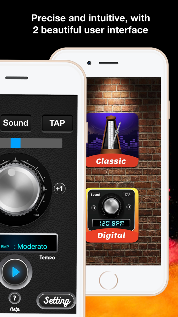 Comparison of classic analog and modern digital metronome user interfaces on iPhone screens