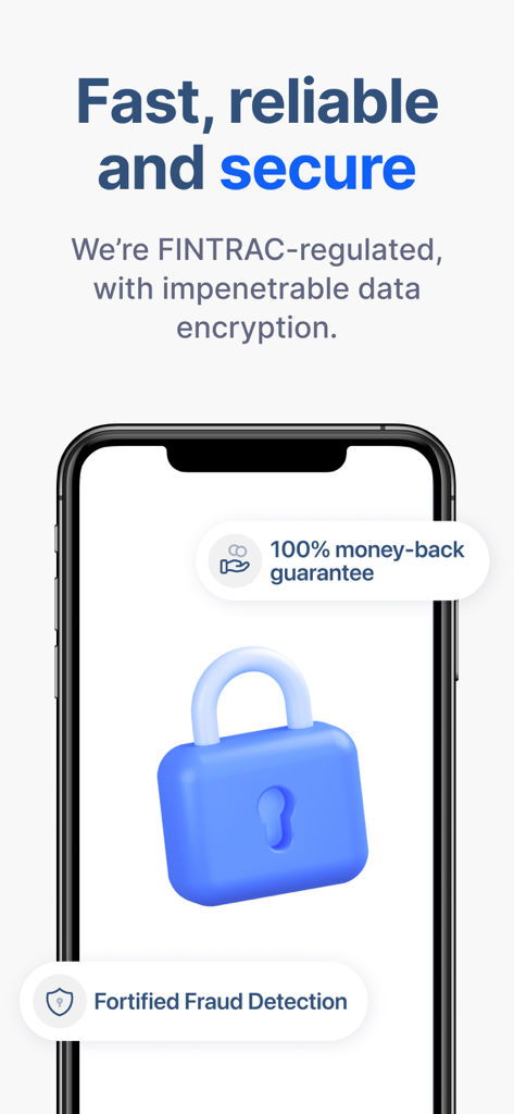 RemitBee Quick Money Transfer - RemitBee app interface highlighting security features including FINTRAC regulation data encryption and fraud detection