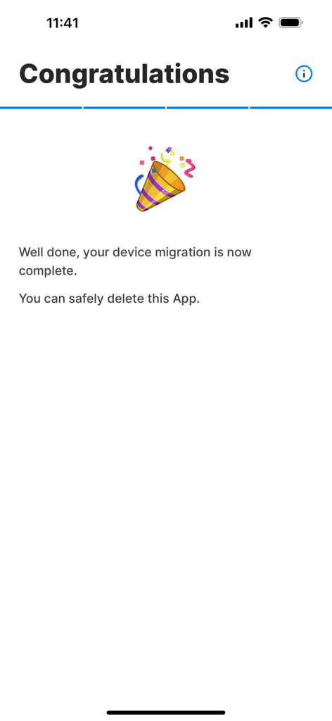 Congratulations screen in the Exodus Companion app confirming that device migration is complete