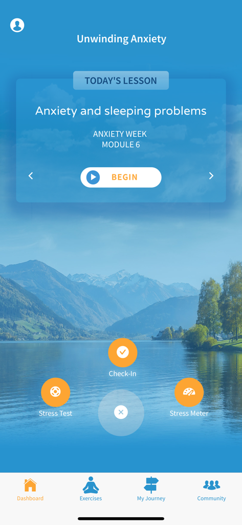 The home screen of the Unwinding Anxiety app showing today's lesson on anxiety and sleeping problems.