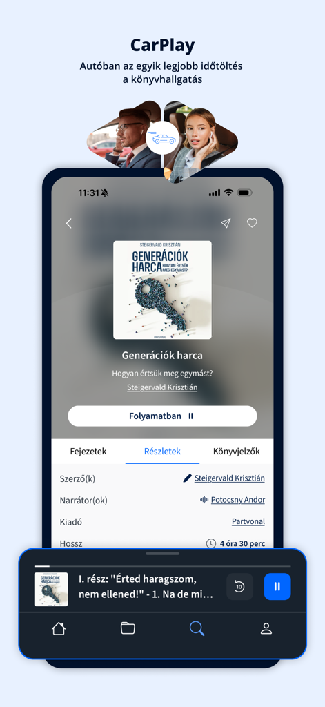 Interfaccia dell'app mobile Voiz Hangoskönyvtár che mostra la compatibilità con CarPlay e un lettore di audiolibri per gli spostamenti in auto