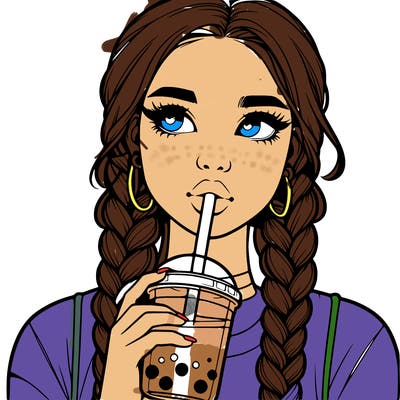 realistic girl with braided hair drinking boba