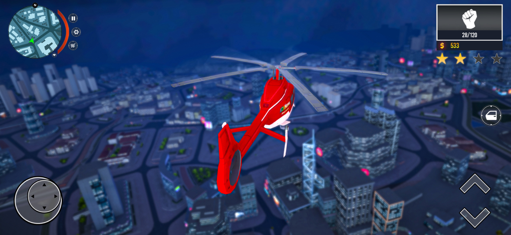 Gangster iv - Mafia Crime City - A red helicopter flying over a 3D open world city at night in Gangster iv Mafia Crime City