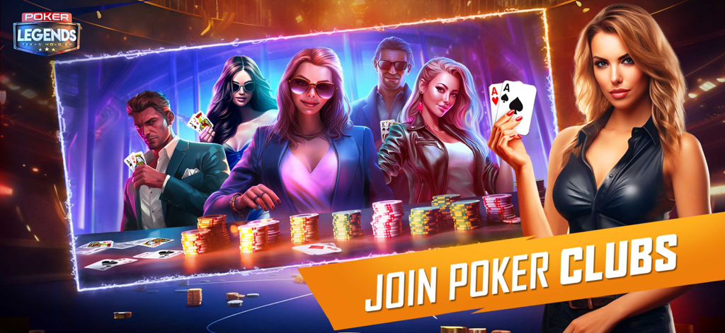 Texas Holdem: Poker Legends - Stylish characters sitting at a high stakes poker table with a Join Poker Clubs banner