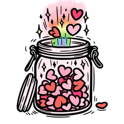 a jar filled with glowing hearts slowly opening and releasing them.