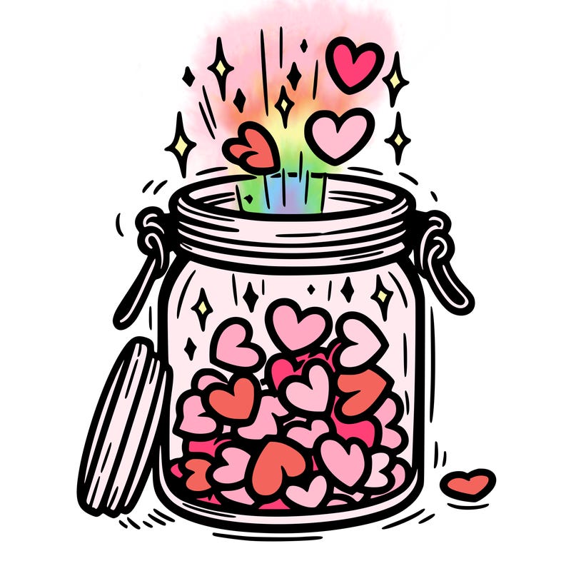 a jar filled with glowing hearts slowly opening and releasing them.