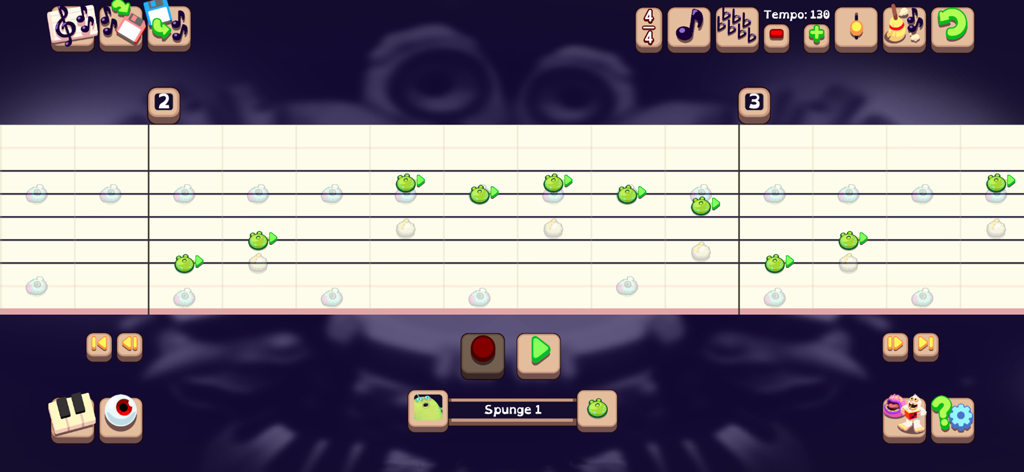My Singing Monsters Composer - A musical staff interface in My Singing Monsters Composer featuring Spunge monster notes on a grid