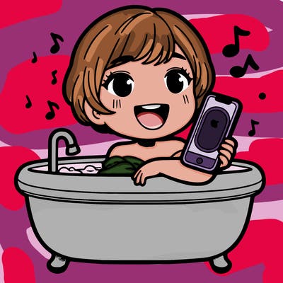 realistic pretty girl with short hair laying in a bathtub, holding an iphone with a smile, singing