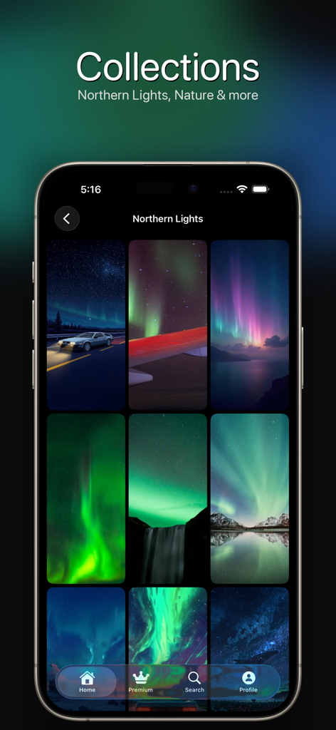 HDQWalls - Interface of HDQWalls app showing a collection of high quality Northern Lights wallpapers