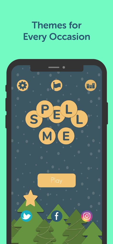 Main menu of the Spell Me word game featuring a festive Christmas holiday theme with trees and snow