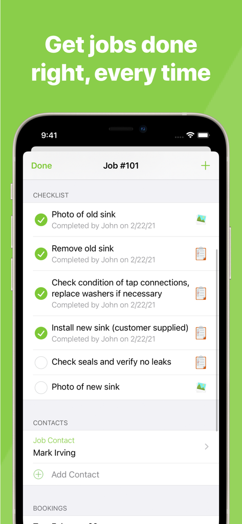 ServiceM8 - Field Service App - A ServiceM8 job checklist on an iPhone screen showing completed tasks for a sink installation.