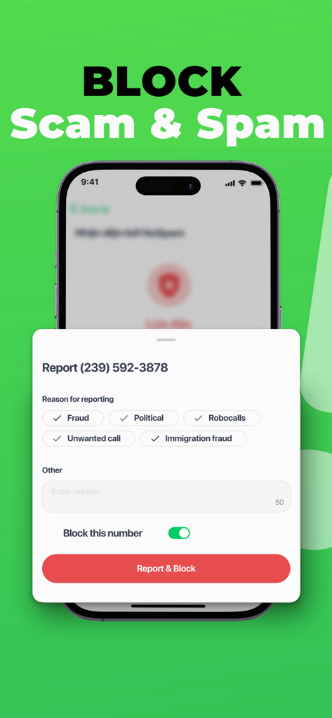 iCallme - Caller ID Lookup - Interface of the iCallme app showing options to report and block a scam phone number on an iPhone.