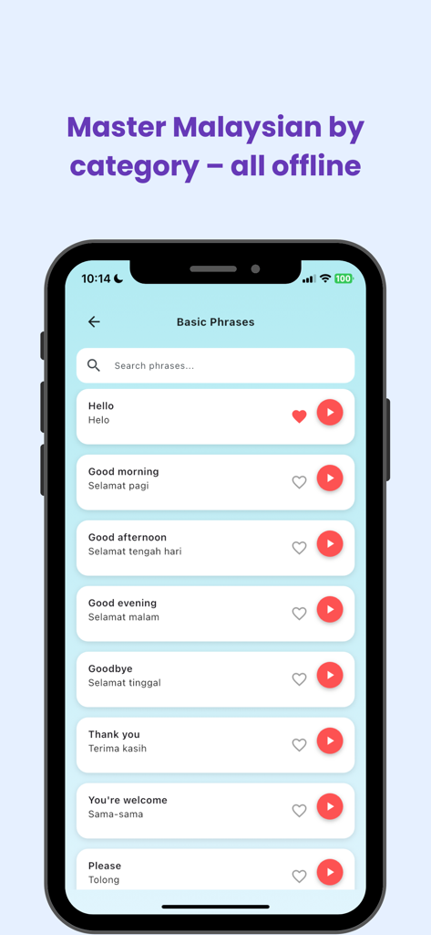 Malay Phrasebook for Travel - スマートフォンの画面に、マレー語フレーズ集アプリが表示され、こんにちは、おはようございますなどの基本的なフレーズのリストと、マレー語訳、音声再生ボタンが表示されています。