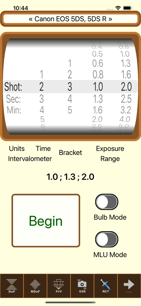 Interface for setting intervalometer and exposure bracketing in the SetMyCameraDF app