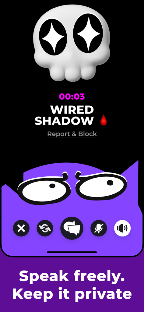 Interfaz de la aplicación de chat de voz de Voisa que muestra una llamada anónima en curso con un lema de privacidad.