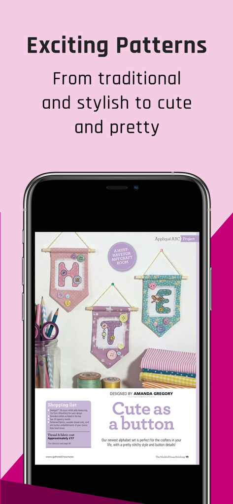 Tela de smartphone exibindo padrões de ponto cruz de alfabeto e uma lista de compras de projetos no aplicativo.