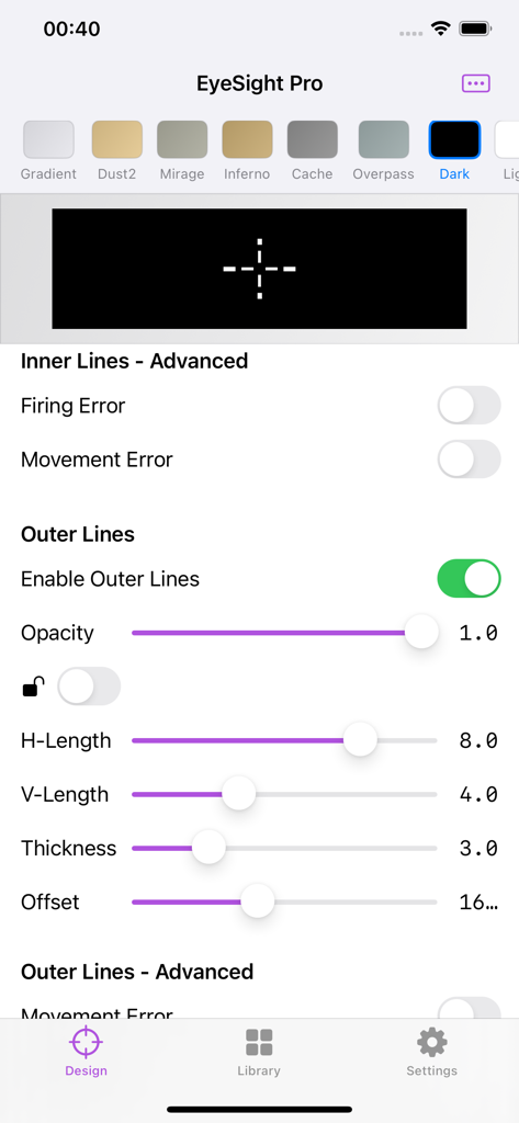 Custom Crosshair: EyeSight Pro - Interfaz móvil de EyeSight Pro que muestra controles deslizantes de diseño de mira personalizada y vista previa