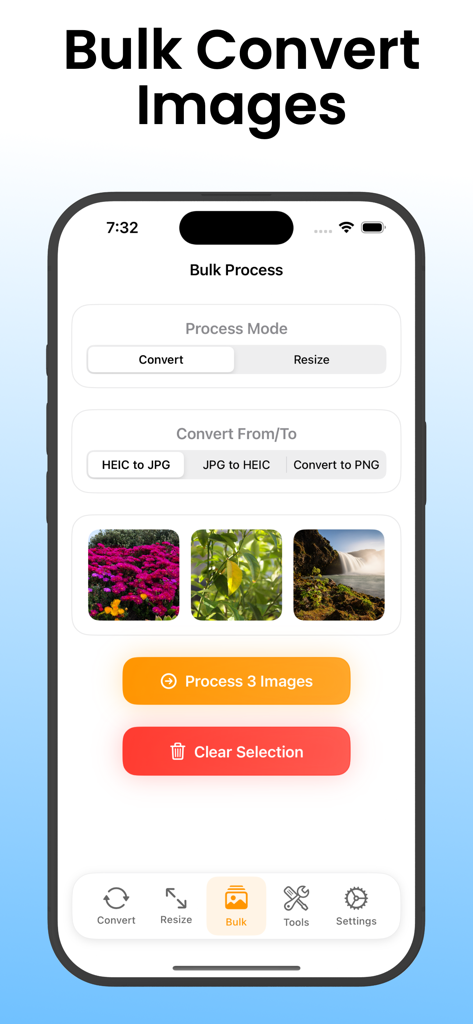 JPEGify – JPG & HEIC Converter - JPEGify app interface showing the bulk process feature for converting HEIC images to JPG