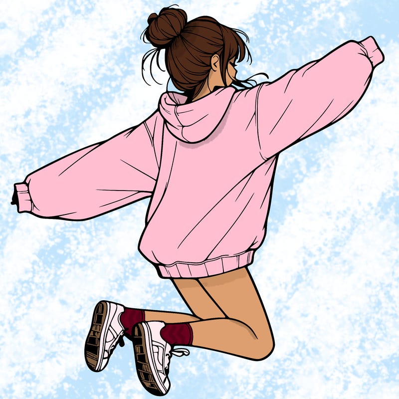 realistic girl jumping with a bun and oversized sweatshirt