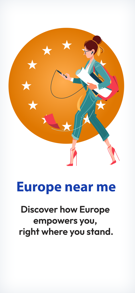 Citizens' App - Un'illustrazione di una donna professionista che usa uno smartphone con il testo Europa vicino a me e una descrizione sul potere europeo.