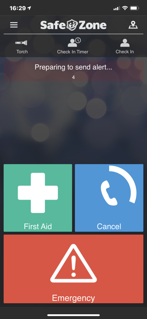 SafeZone - SafeZone mobile app interface featuring large First Aid and Emergency buttons with a timer preparing to send an alert