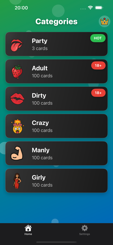 Pantalla de selección de categorías para el juego de fiesta ¿Tú Preferirías con paquetes de preguntas temáticos como Fiesta para Adultos y Loco