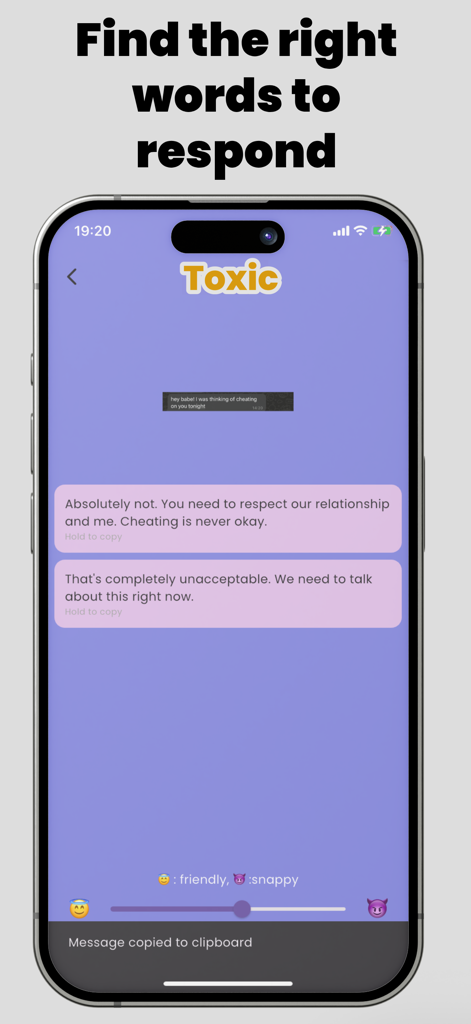 Pantalla de la app Toxic AI mostrando sugerencias de respuestas de texto para conversaciones de citas